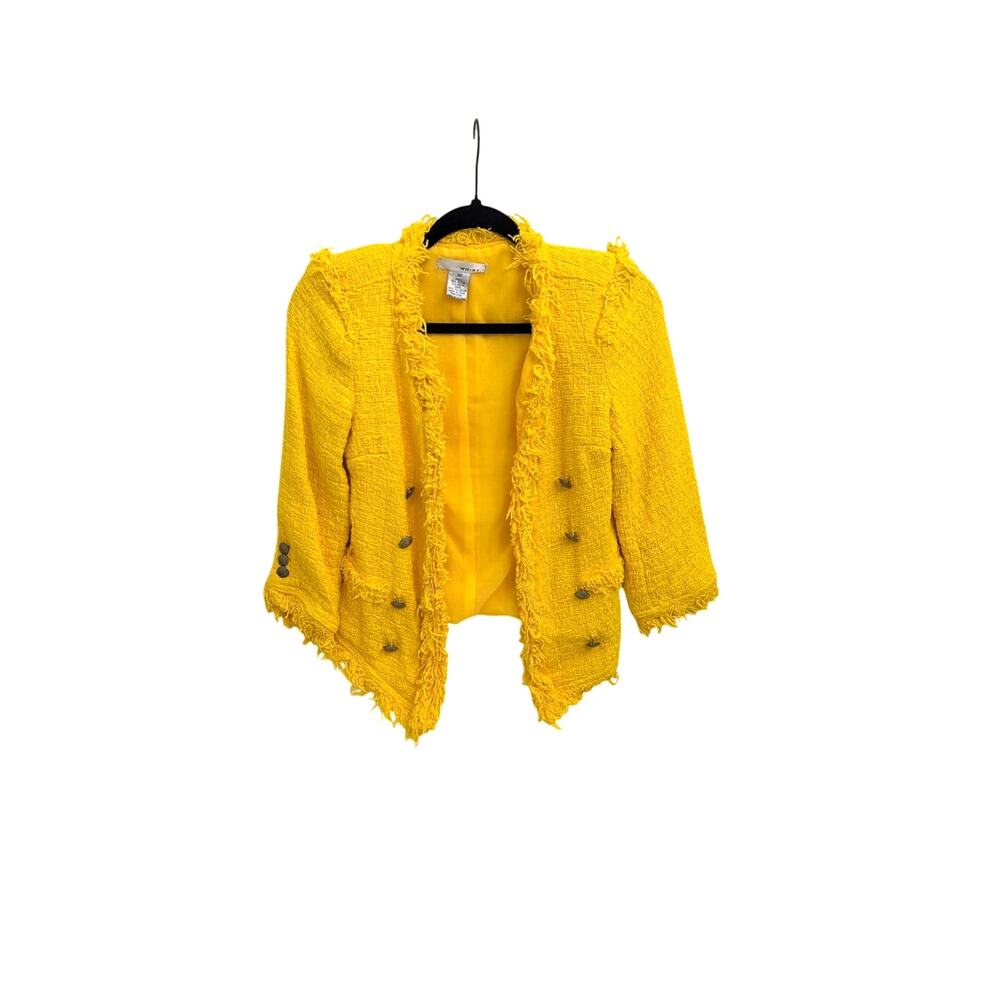 WD+NY Yellow Tweed Double Button Open Front Fringe Blazer Size XS